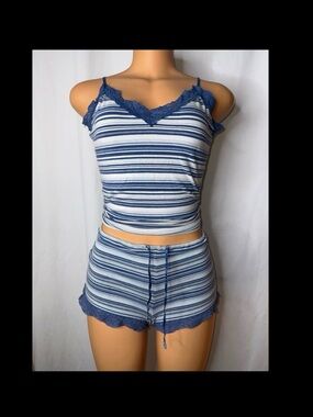 Striped Lace Trim Cami & Shorts Set in Blue and White